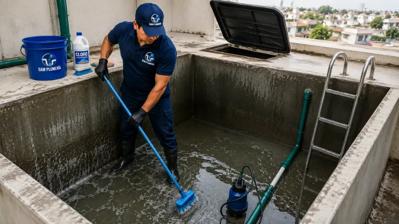 Técnico completando lavado de tinacos CDMX